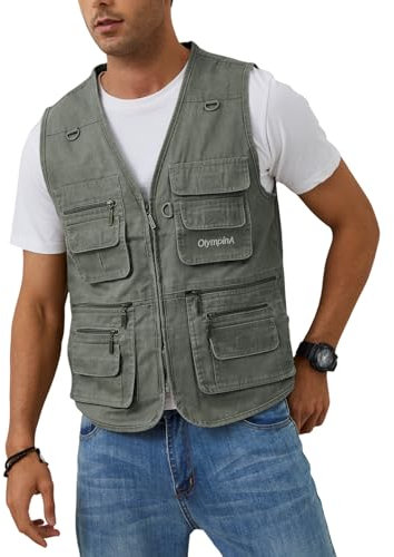 Gihuo Men's Fishing Vest Casual Utility Travel Safari Cargo Outdoor Work Photo Fly Vest Jacket with Multi Pockets, Army Green, S