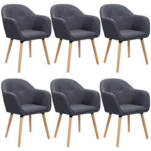 WOLTU Esszimmerstühle 6er Set Küchenstühle Wohnzimmerstühle Polsterstühle, Armlehnstühle mit Rückenlehne, für Esszimmer, Küche, Wohnzimmer, Leinen, Gestell aus Massivholz, Dunkelgrau, BH94dgr-6