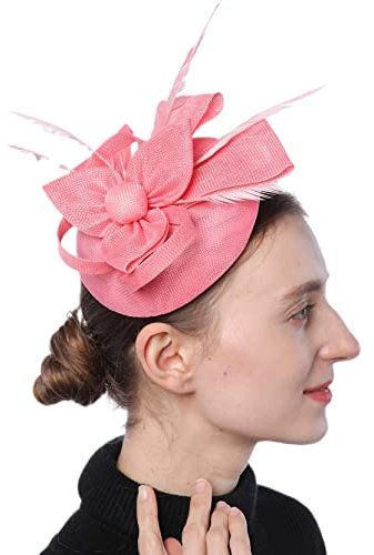 Coolwife Clip Di Capelli Del Partito Della Chiesa Di Cerimonia Nuziale Del Fiore Della Piuma Del Fiore Della Piuma Di Sinamay Del Cappello Della Federa Di (Rosa)