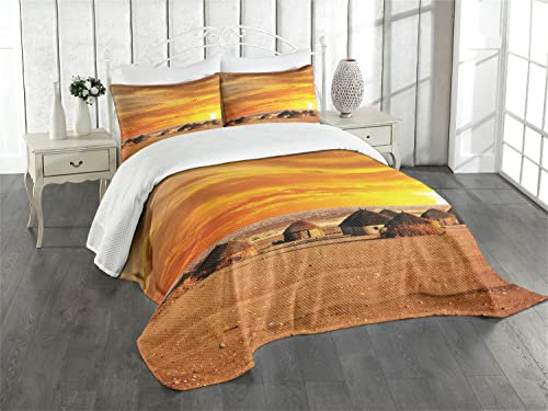 ABAKUHAUS Bauernhaus Tagesdecke Set, Landschaft, Set mit Kissenbezügen Waschbar, für Einselbetten 170 x 220 cm, Orange Braun