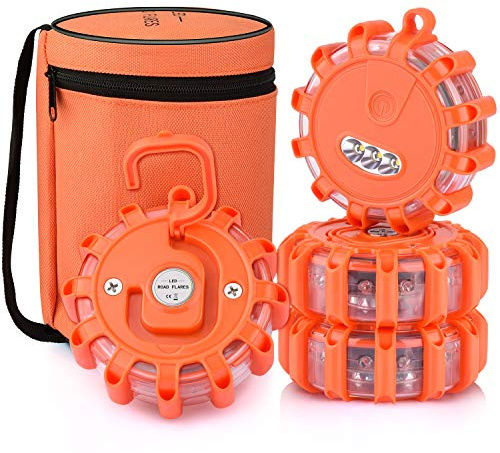 AK [4 Pack LED Road Flares Safety Flashing Warning Light Roadside Emergency Disc Beacon Kit for Vehicles Boats with Magnetic Base & Hook, Premium Storage Bag (Batteries Not Included) (4)