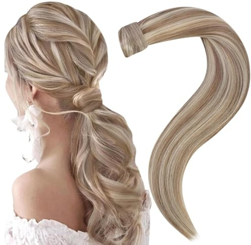 Easyouth Pferdeschwanz Extension Echthaar Clip in Ponytail Echthaar Farbe Aschbraun Mix Platinblond 30 cm 70g Wrap Around Ponytail Extension #8P60