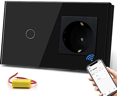 BSEED Normal Steckdose mit Smart Lichtschalter Kompatibel mit Alexa,Google Home, Glas Touchscreen-schalter,Smart Lichtschalter 1 Fach 1 Weg 16Amp Steckdose Schwarz (kein Neutralleiter benötigt)