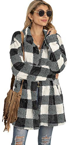 EFOFEI Damen Button Down Langarm Shirt Winter Fleece Kapuze Plaid Shirt Urban Style Hemdjacke Langarm Plüsch Mantel Loose Hemd Bluse Grau+Weiß M