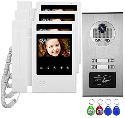 ANJIELO SMART Video Door Phone 4.3'' TFT Wired Video Intercom Doorbell System RFID Camera with 2/3/4 Monitor Doorphone for Multi Apartment EM Key Unlock (4M1B)