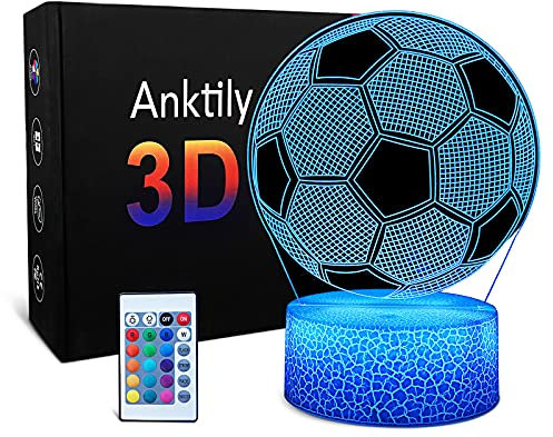 Lampada 3D di Calcio Illusione Ottica Luce Notturna per Bambini, Lampada Led da Tavolo Luce Decorazioni Luce di Notte per Comodino con 16 Colore e Telecomando