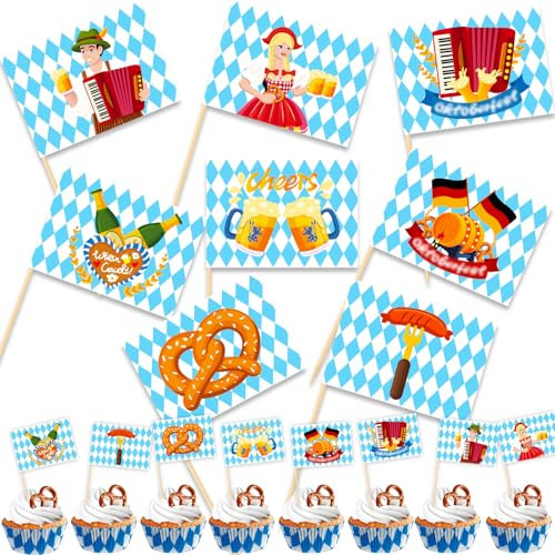 HOWAF 24pcs Oktoberfest Party Picker für Wiesn Tisch Deko Oktoberfest Cupcake Topper, Blau Weiße Fahnenpicker für Bayern Deko, Zahnstocher Holzpicker für Snack Lebensmittel Oktoberfest Zubehör