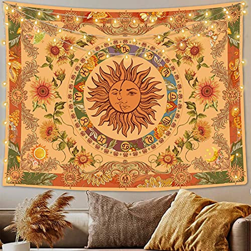 Accnicc Wandteppich, Motiv: gelbe Sonne, Mond, Wandbehang mit Sonnenblumen, Schmetterling, Motte, Sternbild, ästhetischer Wandteppich für Schlafzimmer, Schlafsaal, Wohnzimmer, Orange, 152 x 128 cm