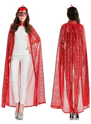 XINCHI Halloween Umhang Damen Glitzer Cosplay Kostüm Pailletten Fasching Lang Mantel Erwachsene Verkleidung Rollenspiel Cape Kanerval Karnevalskostüm Party Ostern