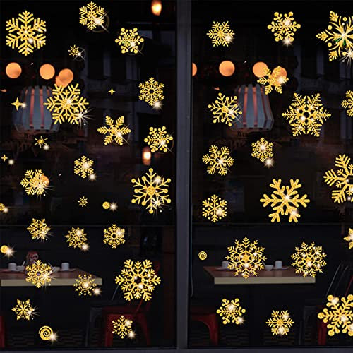 HBell Weihnachts-Schneeflocken-Aufkleber,110 Stück, wiederverwendbar,Weihnachts-Fensteraufkleber,statisch,selbsthaftend,PVC-Schneeflocken,Winterparty-Zubehör,Ornamente (Gold)