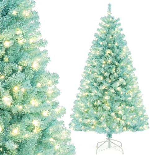 COSTWAY 6FT Pre-lit Christmas Tree, Artificial Xmas Trees with Branch Tips and LED Lights, Seasonal Holiday Decoration for Office Home (Blue)