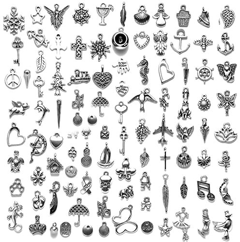 MINSHUXI 100 Stücke Charm Anhänger zum Schmuck Schmuckanhänger zum Basteln Vintage Anhänger Schmuckzubehör Silber Gemischte Charms für DIY Ohrringe Halskette Schmuckherstellung