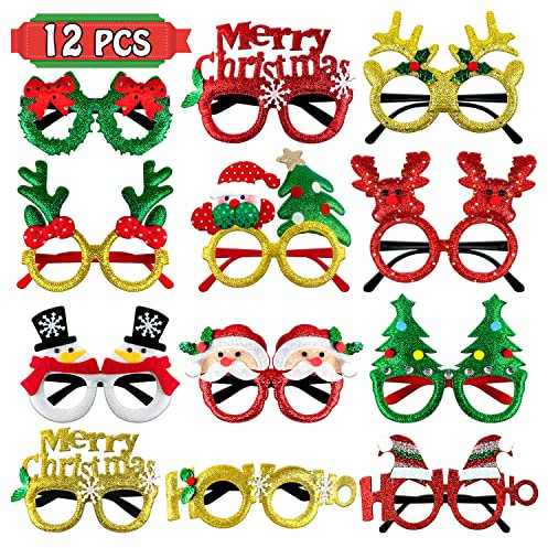 Leesgel 12 Stück Weihnachtsbrille, Weihnachten Glitter Party Brillen Lustige Partybrillen für Weihnachtsparty, Weihnachtsdeko Weihnachtsgeschenke Deko Weihnachten Kostüm Foto Zubehör Kinder Erwachsene