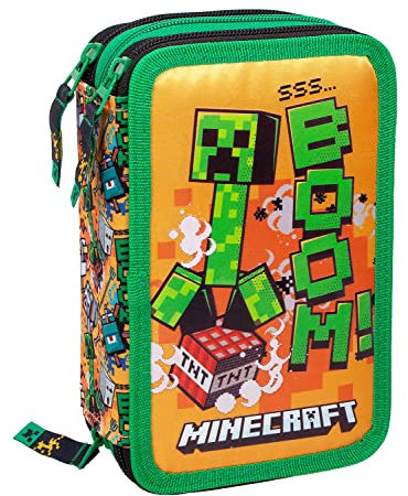 L'ERBAVOGLIO Minecraft – Federmäppchen für die Schule mit 3 Reißverschlüssen Original Minecraft – komplett mit 44 Teilen – Offizielles Produkt von Minecraft (grün/schwarz)