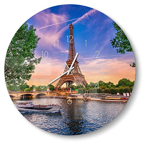DEQORI Glasuhr | rund Ø 50 cm | Motiv Sommer in Paris | große XXL Design Uhr aus Glas | leise Wanduhr für Wohnzimmer & Küche | Moderne Hingucker Uhr für die Wand