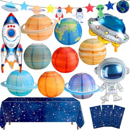Sotiff 16 Pcs Space Themed Party Decorations Supplies Includes Outer Planet Paper Lanterns Plastic Tablecloth Garland Astronaut UFO Rocket Balloon for Star System