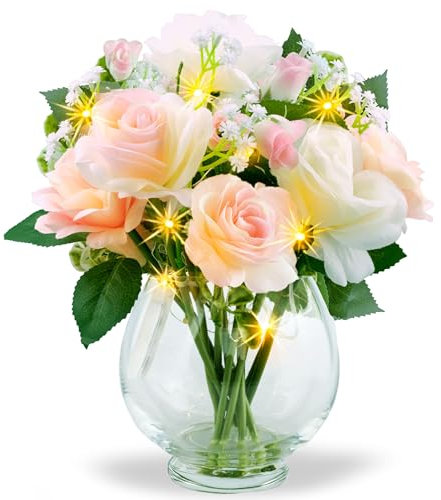 HOSY Artificial Roses in Glass Vase with Faux Water and Fairy Lights, Silk Flower Arrangements for Wedding Table Centerpiece Decoration (Rose)