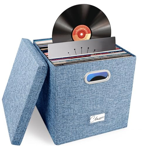 Woodoulogy Scatola blu in lino per LP in vinile, impilabile con coperchio e maniglia – Capacità 50+ dischi, organizer per album e documenti
