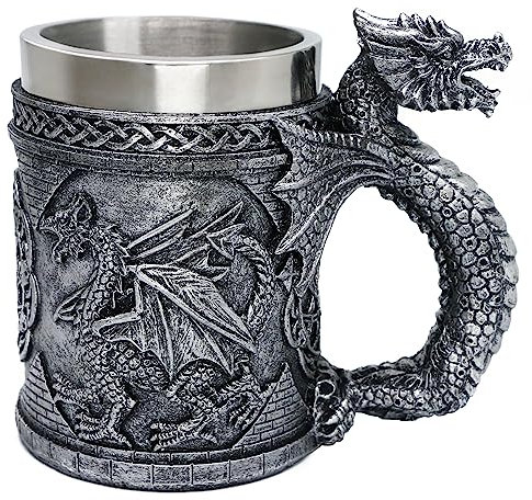 alikiki Medieval GOT Dragon Mug - Dragons Coffee Mug Gifts for Men - 14OZ Stainless Drinking Cup Beer Steins Dragon Themed Party Decoration
