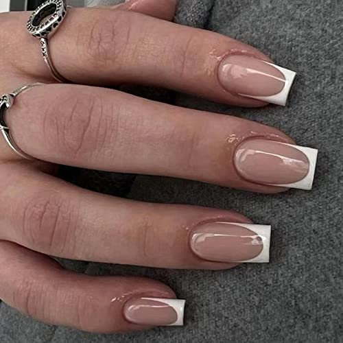 Ceboic 24 Pezzi Unghie Finte Corte Francese Stick Acrilico Sulle Unghie Autoadesive Copertura Completa Stampa Sulle Unghie con Disegno per Donne Ragazze Nail Art Decorazioni (a)