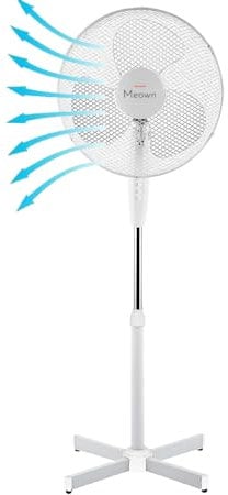Meown 16” Pedestal Fan, Adjustable Height Up to 140cm, 3-Speed Quiet Oscillating Floor Fan with 30° Tilt Head & Wide Cross Base, Energy-Efficient Cooling for Home, Bedroom & Office (White)