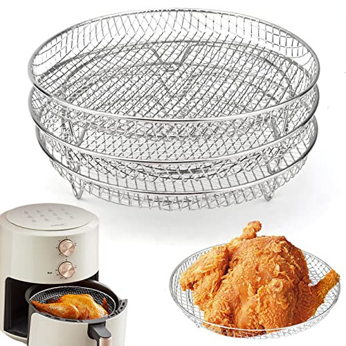 3 Stück Air Fryer Racks, Edelstahl Air Fryer Korb Tray 3 Schicht Stapelbar Dehydrator Racks für Air Fryer Ofen Backen Braten (Rund)