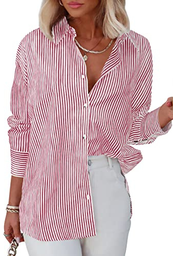 Homlan Chemisier à manches longues pour femme - Rayures - Style décontracté - Col en V - Chemise de travail ample - Boutonnière