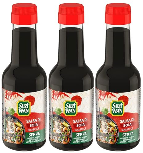 Eurocali Suzi Wan Salsa di Soia Condimento Salato Senza Aromi Coloranti e Conservanti Ideale per Varie Pietanze e Piatti Orientali - 3 Bottiglie da 143ml