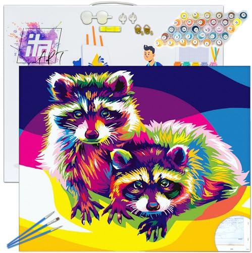 ITA Art Peinture par numéros Kit Complet avec châssis, peintures acryliques, pinceaux, Accessoires, boîte Cadeau - Kit de Peinture DIY avec Toile, 30x40 cm, Raton Laveur Pop-Art