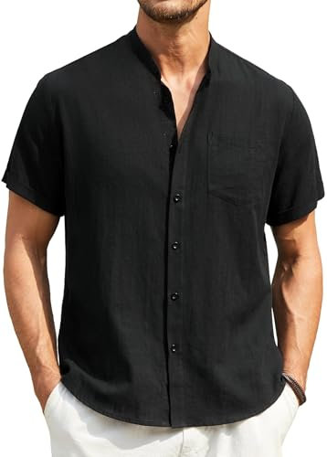 Enlision Mens Black Linen Shirts Summer Grandad Collar Shirt Short Sleeve Casual Collarless Henley Tops for Men Button Up Regular Fit for Beach Holiday S