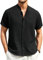 Enlision Mens Black Linen Shirts Summer Grandad Collar Shirt Short Sleeve Casual Collarless Henley Tops for Men Button Up Regular Fit for Beach Holiday S