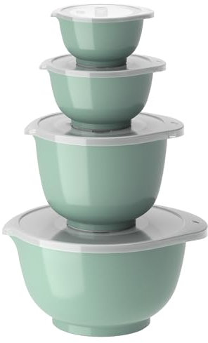 Rosti Margrethe Schüssel Set, Rührschüssel Set, 8-Teilig mit 4 Rührschüsseln und 4 Deckel, Teigschüssel aus Recycelbarem Kunststoff, 0,25 Liter, 0,5 Liter, 1,5 Liter und 3 Liter, Nordic Green (Grün)