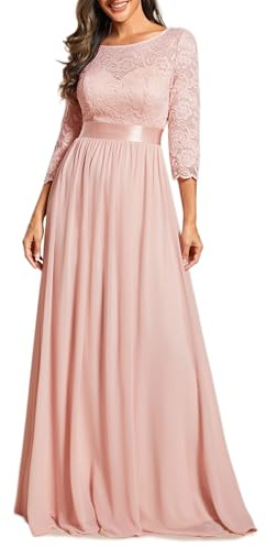Ever-Pretty Robe Femme d'Invité de Mariage Longue Dentelle Mousseline Manches 3/4 A Line Col Rond Rose 48