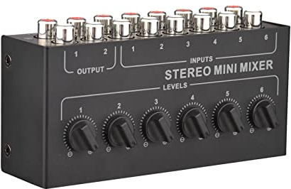 HUIOP Passiver 6-K-Stereo-Mischpult, tragbar, Cinch-Stereo-Splitter, 6 Eingänge und 2 Ausgänge, Lautstärkeregler, keine Batterie erforderlich, 6 Kanäle, passiver Stereo-Mixer