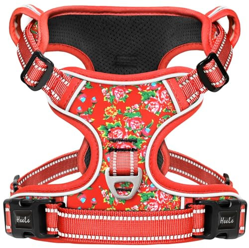 HEELE Hundegeschirr, Hundegeschirre mittelgroße Hunde mit Griff reflektierendes Hundegeschirr gepolstertes Brustgeschirr No Pull Geschirr Hund Verstellbar, Blume Rot, L