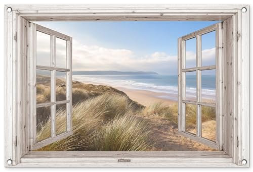 MuchoWow© Gartenposter 90x60 cm Outdoor Bilder Gartendeko für draußen Wetterfest Garten Deko Banner Sichtschutzmatte Draußen Bild Fensterblick - Strand - Meer - Dünen - Strandhafer - Sand - Blau