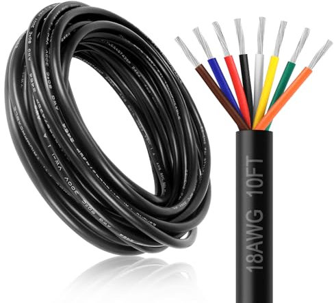 DEKIEVALE 18 Gauge 8 Conductor Electrical Wire, 10FT 18AWG Black PVC Stranded Tinned Copper 8 Wire Cable, 18/8 Cord Extension Cable