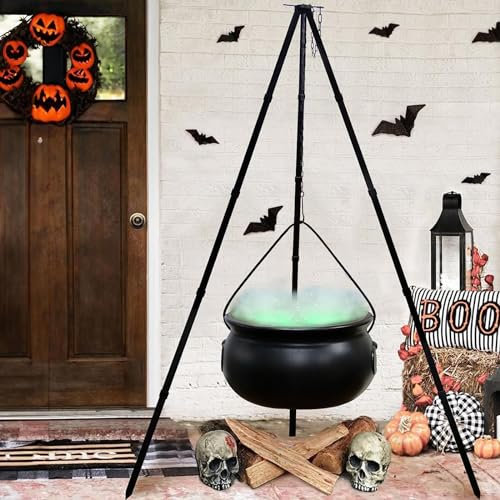 KIUGOP Hexenkessel Halloween Deko, Schwarz Kunststoff Großer Hexenkessel auf Dreibein mit Beleuchtung, Hexenkessel Süßigkeiten Kessel für Großer Süßigkeiten Halloween Party Dekoration,Schwarz,115cm