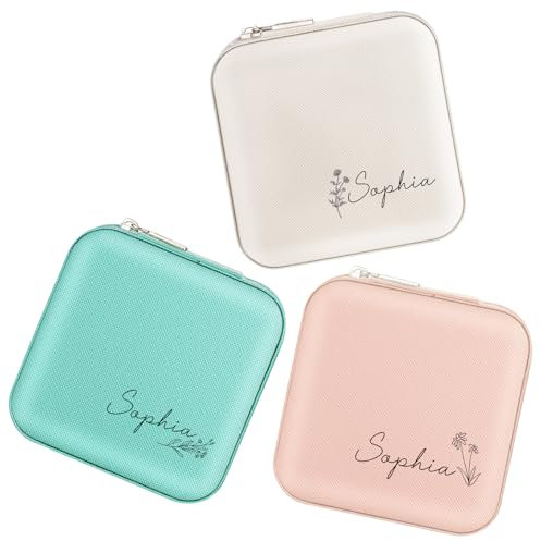 SPETYORT Personalisierte Reise Schmuckkästchen mädchen, Schmuckkästchen klein mit Blumen und Namen für Ohrringe Halskette Ringe, Brautjungferngeschenke, Geburtstagsgeschenke für Frauen Mädchen