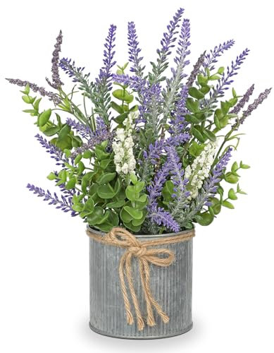 Hollyone Lavanda Artificial en maceta, Lavanda Faux Flor Artificial Decoración, Lavanda Falsa Plantas en Maceta con Eucalipto, Moderna Granja Flor de Lavanda Púrpura para Mesa Baño Dormitorio Cocina