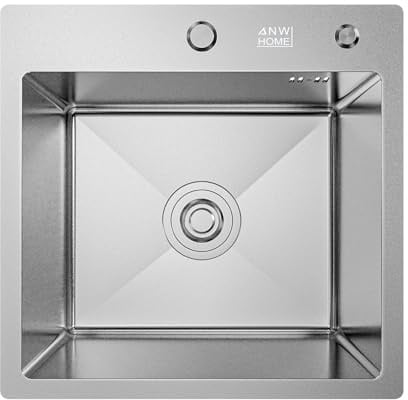 ANW HOME Spülbecken Küche, Küchenspüle Einbauspüle 1 Becken 46x45 cm aus Edelstahl mit Nano-Beschichtung, Stärke 3.0+1 mm, Silber, mit Siphon, Seifenspender und Korb