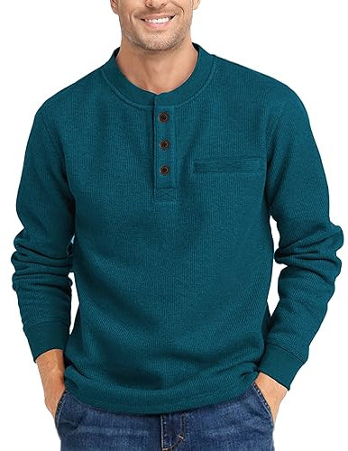 zitysport Henley Shirts Herren Langarm Casual Waffel Henley Hemd Männer Thermal Freizeithemd 3-Knopf Classic Henley T-Shirt Herren mit Brusttasche Langarmshirt Herren Pullover(Türkis,XL)