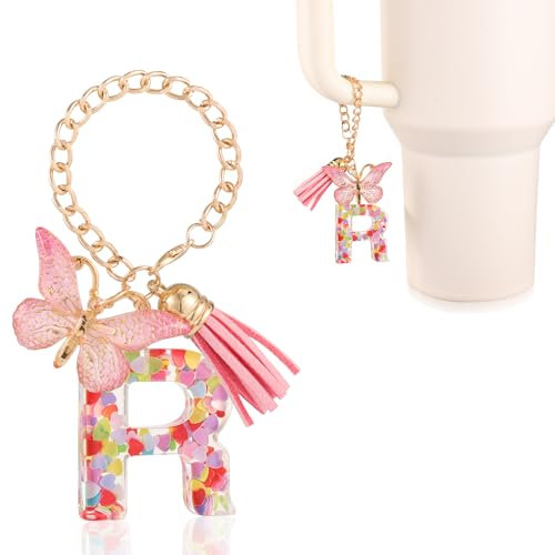 lasuroa Letter Charms Cup Accessories, Cute Alphabet Tumbler Decoration Mug Handle Charms Decor Chains with Butterfly for Stanley Tumblers Women Girls Gift (R)