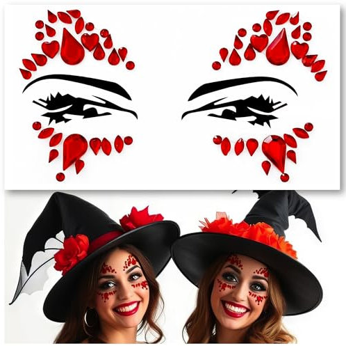 RED Face Gems, Face Jewels - Self Adhesive- Face Glitter Jewel Tattoo Sticker Festival Gems Rave Party Body MakeUp Rhinestone Gems Stickers for Eyes Face Body, face gems for festivals, Halloween