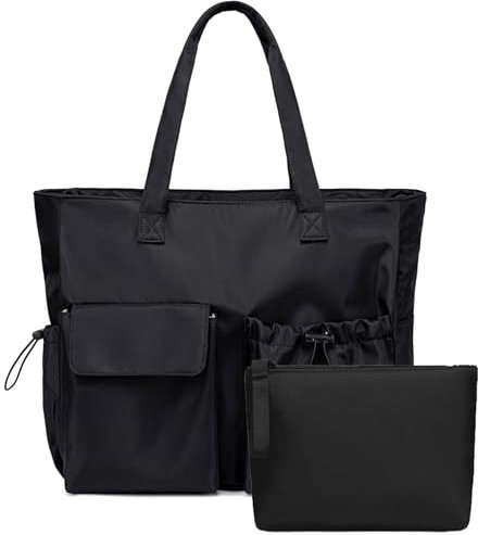 LEDAOU Große Strandtasche mit reißverschluss Damen Wasserdicht Umhängetasche Tragetasche shopper sanddicht mit Reißverschluss Pool Fitness Reisetasche familie (2pcs-schwarz)