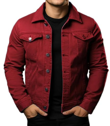 Oanviso Homme Mode Veste en Jean Vintage Jacket Manches Longues Manteau en Jean Adolescents Blouson en Jean Oversized Automne Outwear en Denim Coupe Vent A Rouge M
