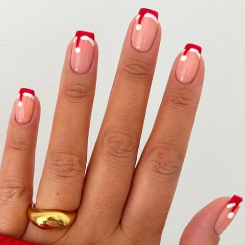 Lot de 24 faux ongles courts à coller avec bonnet de Noël pour femme