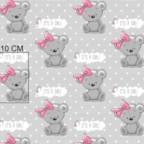 Fabreco Flanell Kinderstoff Meterware – Karo, Baumwollstoff, 1lfm, Stoffbreite 160cm - grauer Teddybär mit rosa Schleife