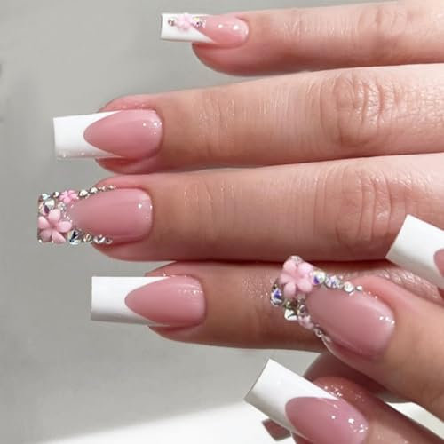 Long Square French False Nails - 24PCS Fake Nail with Diamond Flower Nails Tip with Glue - Stick on Nails White Nail Tips for Women Girls Valentines Day Nails Art (French White Diamond)