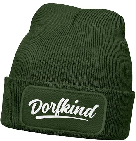 MoonWorks® Herren Beanie mit Patch Dorfkind Strickmütze mit Spruch Aufdruck Lustig Mütze Männer Oliv Unisize